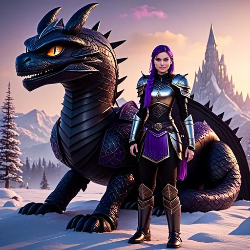 Prompt: Photo of <mymodel> standing next to her ((black)) razorwhip dragon from How to Train Your Dragon in the snow