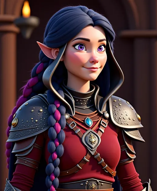 Prompt: <mymodel>CGI Animation, digital art, 20-year-old-old viking woman with violet eyes, Dark red Long sleeve shirt, skirt with dragon teeth on it, wears the snow wraith hood, ((dark dark blue hair with teal, pink and purple streaks)), standing in a viking The Great Hall, subtle smile, unreal engine 8k octane, 3d lighting, close up camera shot on the face, full armor