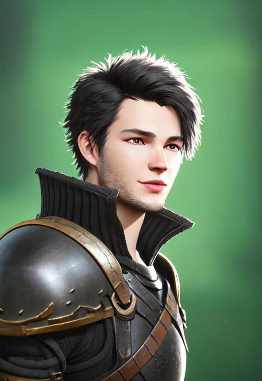 Prompt: Digital art, 22-year-old viking man, black hair. yellow armor. blue gear. medium-length black hair, subtle smile, black stubble beard, hazel eyes, adventurer, blue sky background, unreal engine 8k octane, 3d lighting