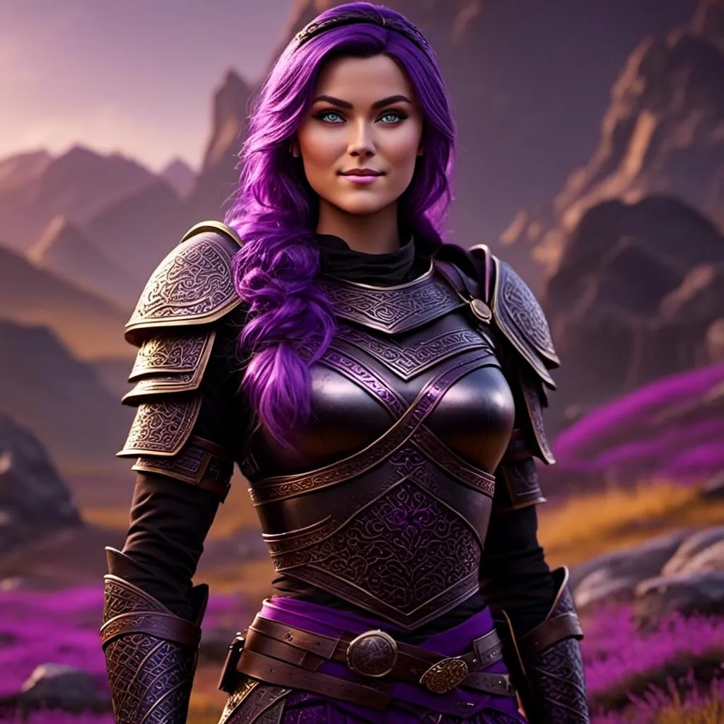 Prompt: <mymodel>CGi Animation, 25-year-old viking woman, subtle smile, light blue eyes, black gear, bright purple armor, black textures and highlights, unreal engine 8k octane, 3d lighting, full body, full armor