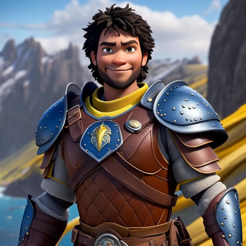 Prompt: <mymodel>Animated CGI style of a fierce ((Caucasian Viking male)) with medium length wavy black hair, joyous gaze, yellow gear and blue armor, realistic clothing textures, high quality, CGI, realistic, viking, male, Caucasian, detailed facial features, highres, professional, intense lighting