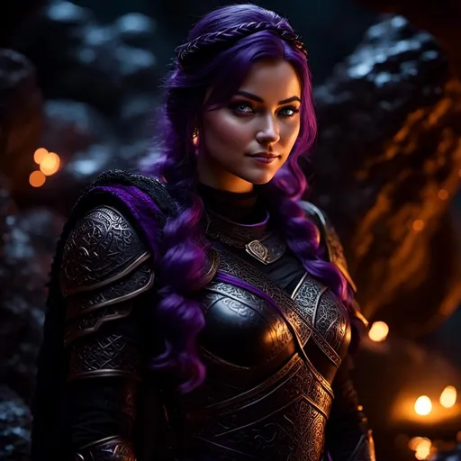 Prompt: <mymodel>25-year-old viking woman, subtle smile, light blue eyes, black gear, bright black armor, black textures and highlights, standing in a dimly lit cave with glowing algae, short focus, blurry background, unreal engine 8k octane, 3d lighting, full body, full armor