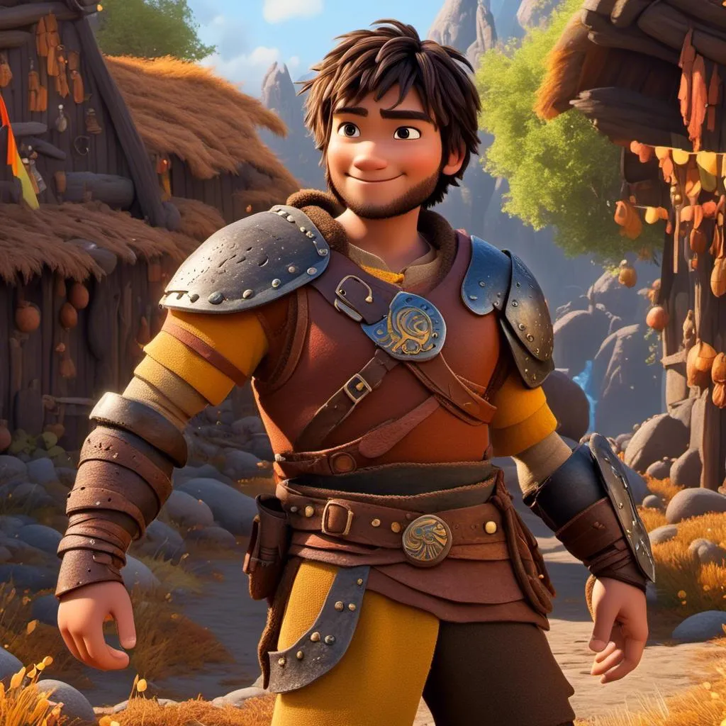 Prompt: <mymodel>CGI Animation of a viking male, light and small body build, young looks, black short wavy hair, brown eyes, bright orange simple gear, yellow highlights and textures, full body picture, standing in a viking village, intricate details, high quality, digital painting, bright energetic tones, dramatic lighting