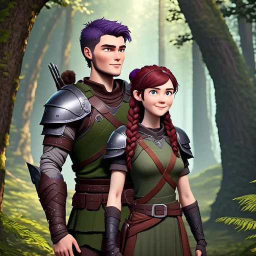 Prompt: <mymodel>Photo of  standing in the forest with his wife Annabeth  who is slightly shorter and has purple hair with a single hair braid down her shoulder