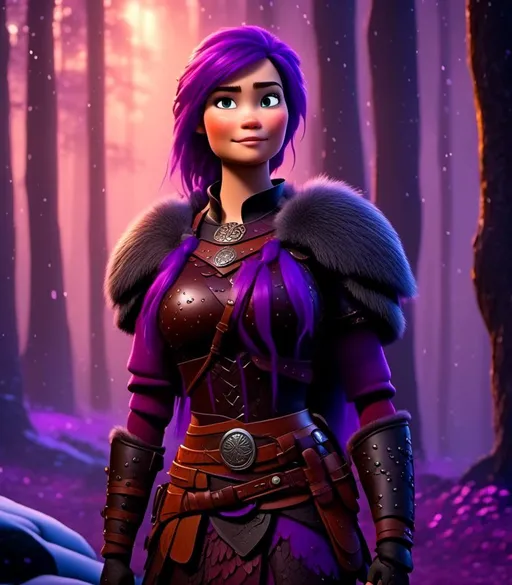 Prompt: <mymodel>CGI Animation, digital art, 20-year-old-old viking woman with light blue eyes, it is raining, she is of royalty standing at night next to a tree with her hands resting on the bark, she is in a dimly lit thick forest with trees everywhere, dense fog, {{black gear, purple armor}}, purple hair, single braid down her shoulder with a tiara, subtle smile, unreal engine 8k octane, 3d lighting, close up camera shot on the face, full armor