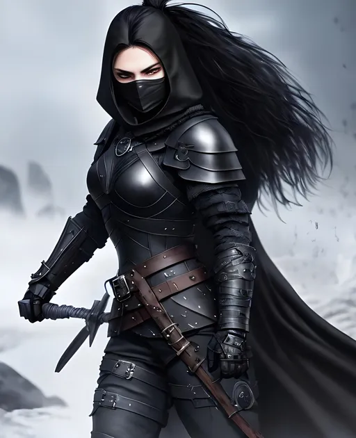 Prompt: Digital Art, a sinister viking woman, black armor, black gear, a black helmet fully covering her face, with a black ponytail coming from the helmet, a long black cloak, black bracers, black pants, black boots, unreal engine 16k octane, 3d lightning