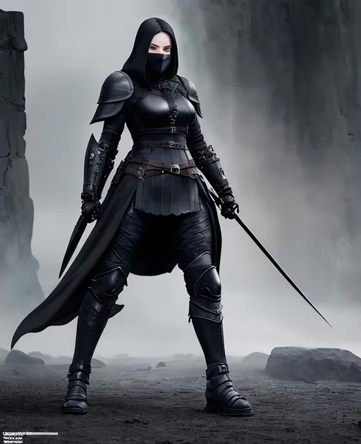 Prompt: Digital Art, a sinister viking woman, black armor, a long black cloak down to the feet, armored mask, black gear, a black helmet fully covering her face, with a black ponytail coming from the helmet, black bracers, black pants, black boots, unreal engine 16k octane, 3d lightning