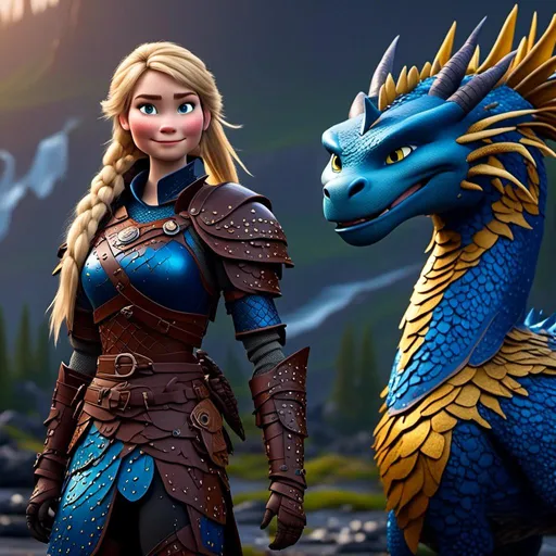 Prompt: <mymodel>CGi Animation, 20-year-old viking woman with blue eyes, a rainy scene, she is standing next to a bright blue dragon with gold highlights, they are both in the rain, the viking woman has a subtle smile, blonde hair in a ponytail style, she has blue gear, gold armor, black pants, black boots