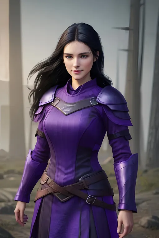 Prompt: Digital Art, 25-year-old viking woman, purple gear, purple clothes, subtle smile, black straight hair, dark purple eyes, a dark purple long-sleeve shirt, textured skirt down to knees, dark purple pants, dark purple armor, long black hair with volume, middle part in hair, leather boots, dark purple gear, unreal engine 64k octane, hdr, 3d lighting, full body, full armor