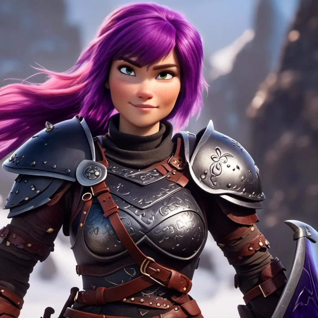 Prompt: <mymodel>Animated CGI style of a fierce ((Caucasian white)) Viking female about 25 years old, ((purple hair)), detailed facial features, leather armor, battle axe and shield, intense and determined expression, dynamic and powerful pose, high definition, CGI, detailed armor, fierce female, Nordic designs, battle-ready, dynamic pose, professional lighting