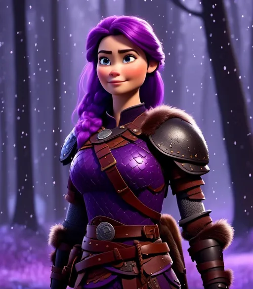 Prompt: <mymodel>CGI Animation, digital art, 20-year-old-old viking woman with light blue eyes, it is raining, she is of royalty standing at night next to a tree with her hands resting on the bark, she is in a dimly lit thick forest with trees everywhere, dense fog, {{black gear, purple armor}}, purple hair, single braid down her shoulder with a tiara, subtle smile, unreal engine 8k octane, 3d lighting, close up camera shot on the face, full armor