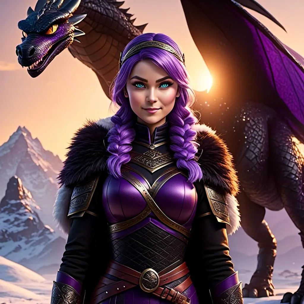 Prompt: Photo of <mymodel> standing next to her ((black)) razorwhip dragon from How to Train Your Dragon in the snow, she has light blue eyes, she is wearing a fur hood over her head, she is wearing a fur cape