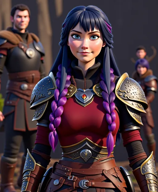 Prompt: <mymodel>CGI Animation, digital art, 20-year-old-old viking woman with violet eyes, Dark red Long sleeve shirt, skirt with dragon teeth on it, wears the snow wraith hood, ((dark dark blue hair with teal, pink and purple streaks)), fighting against another viking warrior in a sword battle with Annabeth who has purple hair with black and gold armor in the training ring, subtle smile, unreal engine 8k octane, 3d lighting, close up camera shot on the face, full armor