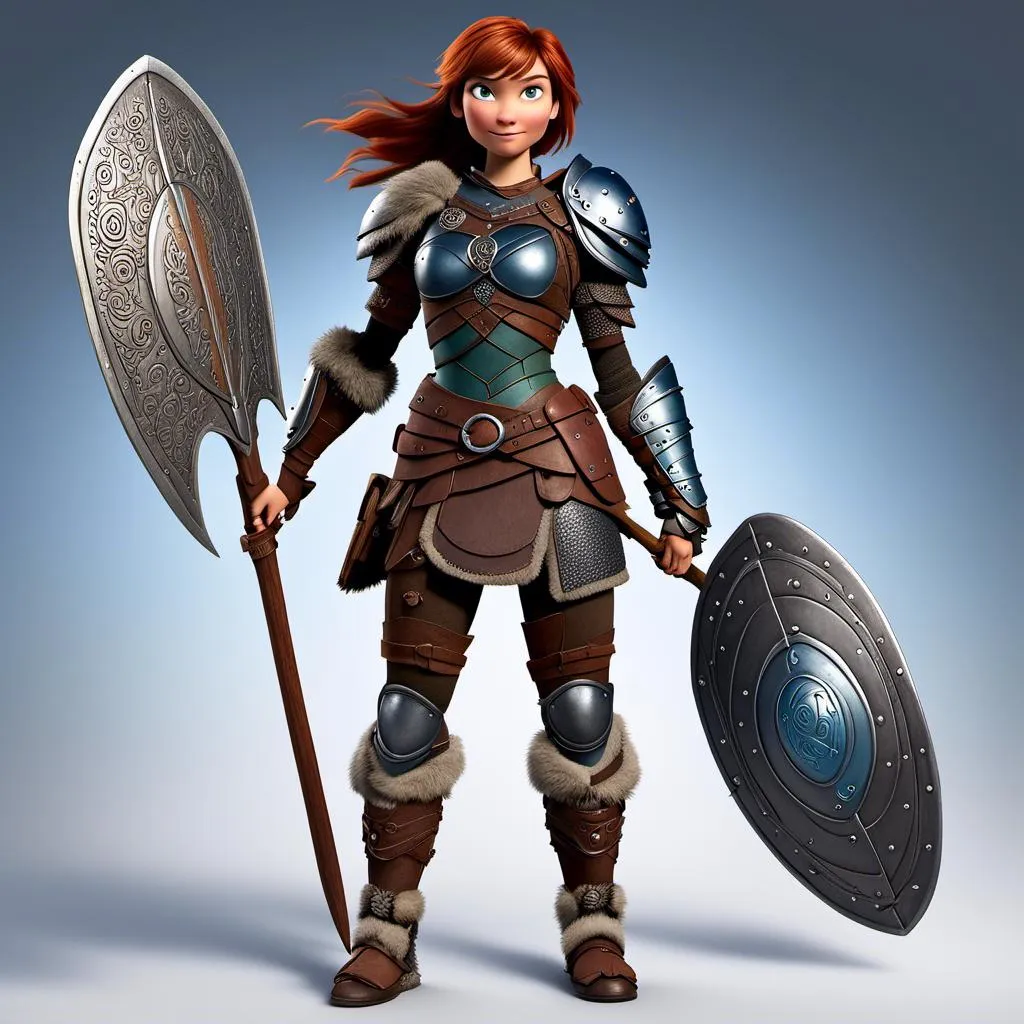 Prompt: <mymodel>Animated CGI style of a fierce Caucasian Viking, female about 25 years old, detailed facial features, leather armor with intricate Nordic designs, battle axe and shield, intense and determined expression, dynamic and powerful pose, high definition, CGI, detailed armor, fierce female, Nordic designs, battle-ready, dynamic pose, professional lighting