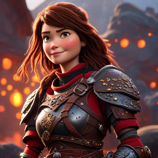 Prompt: <mymodel>CGI Animation of a viking female, brown hair in her face, hazel eyes, bright red gear and armor, she has heavy gauntlets on her hands with armored gloves, yellow highlights and textures, standing in a viking village, intricate details, high quality, digital painting, cool tones, dramatic lighting