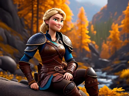 Prompt: <mymodel>CGi Animation, 20-year-old viking woman with blue eyes, she is wearing a helmet, a rainy scene, she is sitting on a boulder in a forest, the viking woman has a subtle smile, blonde hair in a ponytail style, she has blue gear, gold armor, black pants, black boots