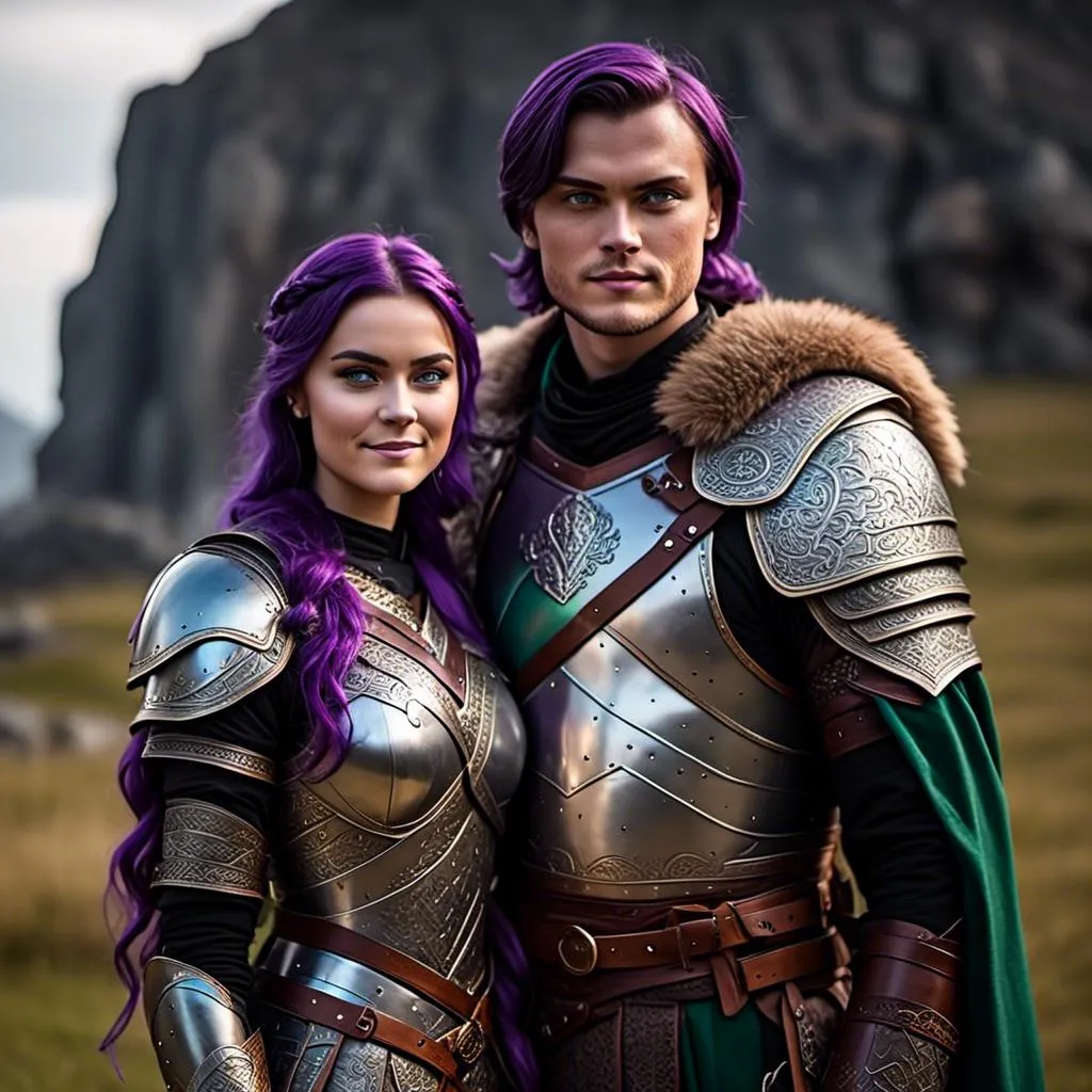 Prompt: Photo of <mymodel> standing next to her young husband Jarl Mollerson who has green gear and silver armor and brown hair