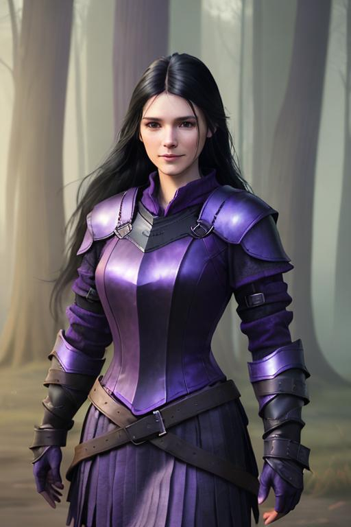 Prompt: Digital Art, 25-year-old viking woman, purple gear, purple clothes, subtle smile, black straight hair, dark purple eyes, a dark purple long-sleeve shirt, textured skirt down to knees, dark purple pants, dark purple armor, long black hair with volume, middle part in hair, leather boots, dark purple gear, unreal engine 64k octane, hdr, 3d lighting, full body, full armor