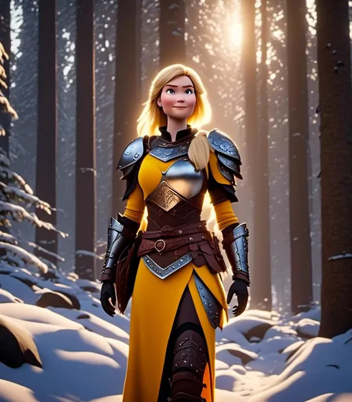 Prompt: <mymodel>CGI Animation, digital art, 20-year-old-old viking woman with light blue eyes standing in a dimly lit forest, yellow clothes, gold colored armor, blonde straight hair, subtle smile, unreal engine 8k octane, 3d lighting, full armor