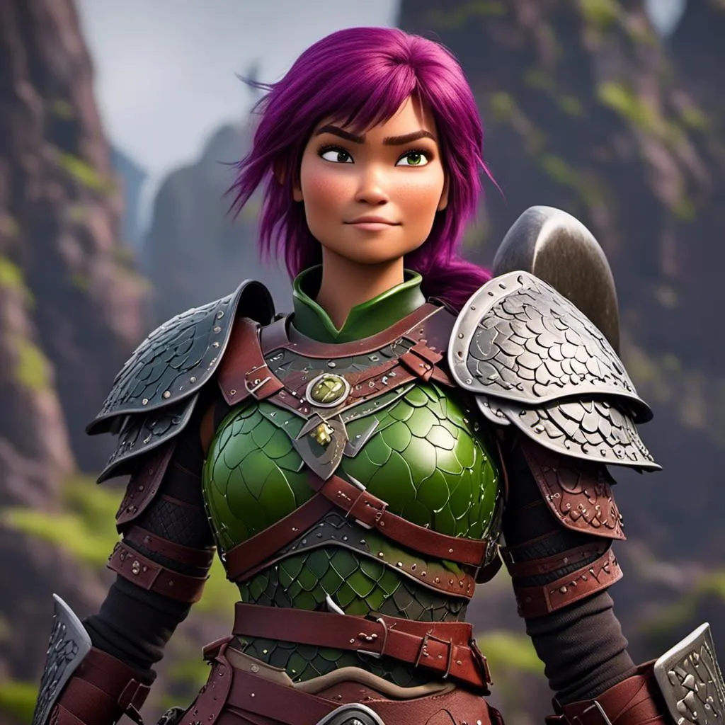 Prompt: <mymodel>Animated CGI style of a fierce Caucasian white Viking female about 25 years old, purple hair, detailed facial features, leather armor ((red)) and green armor, battle axe and shield, intense and determined expression, dynamic and powerful pose, high definition, CGI, detailed armor, fierce female, Nordic designs, battle-ready, dynamic pose, professional lighting