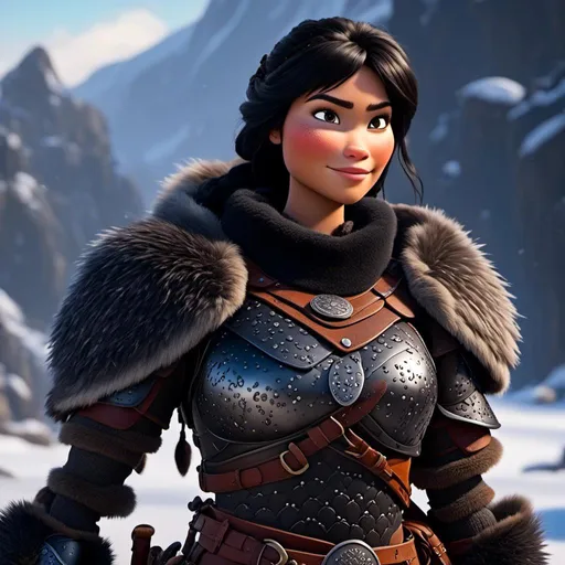 Prompt: <mymodel>CGi Animation, 25-year-old viking woman warrior with brown eyes, a snowy scene, the viking woman has a subtle smile, black hair, she has black gear, black armor, black textures, black pants, black boots