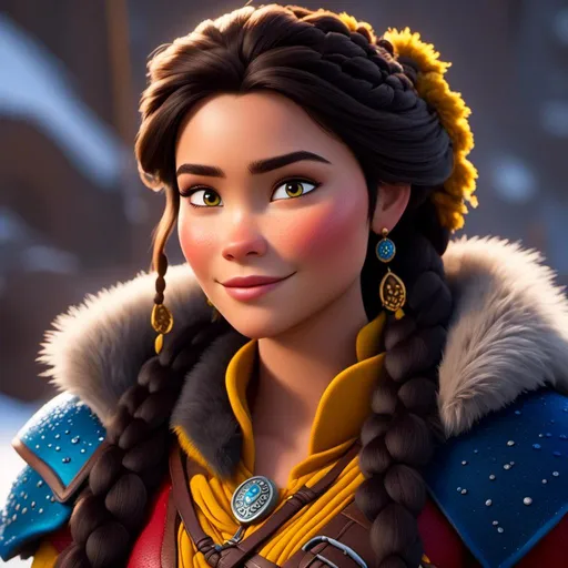 Prompt: <mymodel>CGI Animation, close-up portrait of the face, 20-year-old-old pirate viking woman sitting on a snow bank, a snowy scene, {{yellow gear, blue armor}}, black hair, an updo style of hair pulled back into straight hair, subtle smile, beads hair, small red earrings, multiple braids, yellow gear, straight hair, green eyes, bracelets, rings on fingers, mercenary gear, unreal engine 8k octane, 3d lighting, close up camera shot on the face, full armor