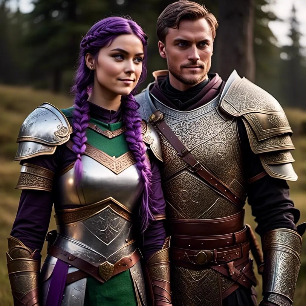 Prompt: Photo of <mymodel> standing next to her young husband Jarl Mollerson who has green gear and silver armor and ((short brown hair)), she is slightly shorter than him, Jarl Mollerson has a young looking face like hiccup