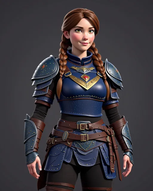 Prompt: Digital art, 18-year-old viking woman, subtle smile, blue gear, blue clothes, dark blue armor, brunette hair, two braids, dark brown eyes, unreal engine 8k octane, 3d lighting, full body, full armor