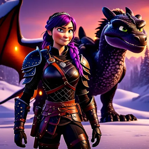 Prompt: Photo of<mymodel>standing next to her ((black)) razorwhip dragon from How to Train Your Dragon in the snow, viking warrior, purple hair, single braid down her shoulder, black gear, gold armor, black pants, gold boots, 8K octane, unreal engine, short focus, blurry background