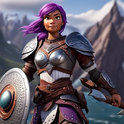 Prompt: <mymodel>Animated CGI style of a fierce ((Caucasian white)) Viking female about 25 years old, ((purple hair with a single braid)), detailed facial features, leather armor, battle axe and shield, intense and determined expression, dynamic and powerful pose, high definition, CGI, detailed armor, fierce female, Nordic designs, battle-ready, dynamic pose, professional lighting