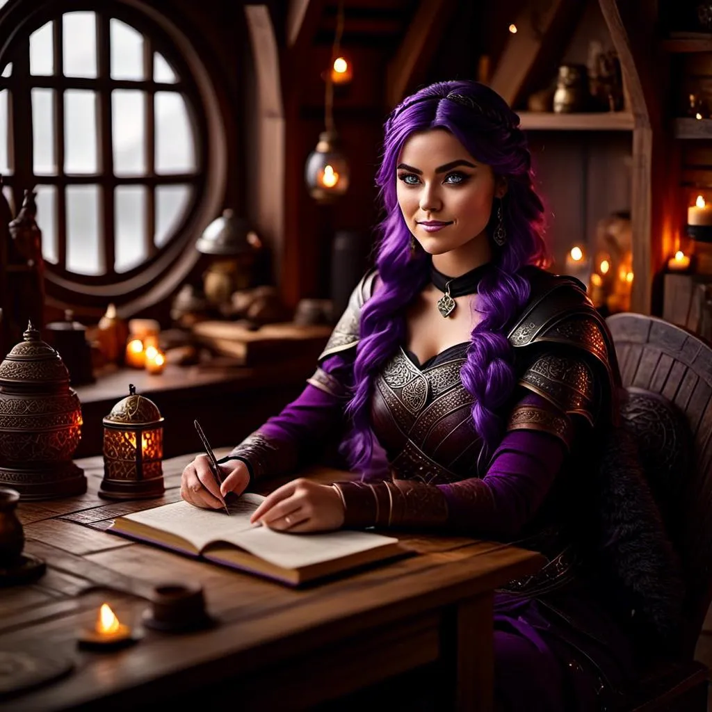 Prompt: Photo of <mymodel> casually relaxing sitting at a desk in her viking house, she has light blue eyes