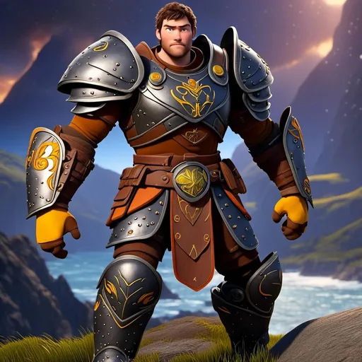 Prompt: <mymodel>Animated CGI style of a fierce 24-year-old Caucasian Viking with dark hair, light body build, intense gaze, realistic (yellow light armor) with highlights of orange textures, high quality, CGI, realistic, intense gaze, viking, male, Caucasian, detailed facial features, highres, professional, intense lighting