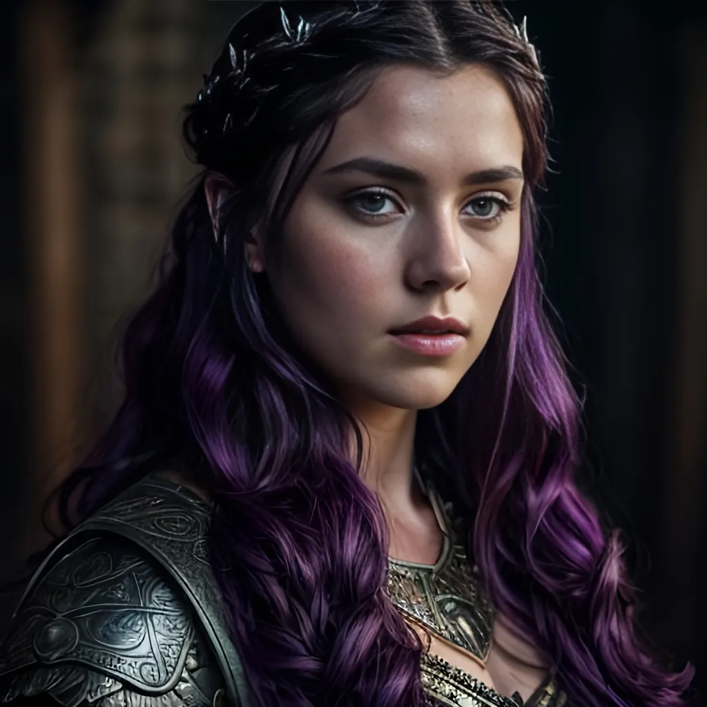 Prompt: create most beautiful fictional female viking princess, (((dark purple hair))), extremely detailed environment, detailed background, intricate, detailed skin, professionally color graded, photorealism, 8k, moody lighting