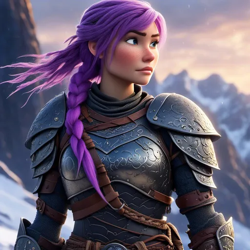 Prompt: <mymodel>animated CGI style, caucasian white, purple hair, viking female warrior, detailed braided hair and battle scars, rugged and weathered armor, intense and determined gaze, snowy and rugged landscape, fierce, warrior, detailed hair, battle scars, snowy landscape, intense gaze, weathered armor, dramatic lighting