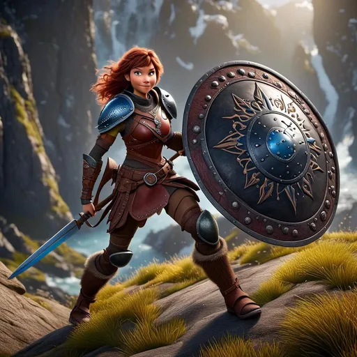 Prompt: <mymodel>Animated CGI style of a fierce Caucasian Viking, female about 25 years old, detailed facial features, leather armor with intricate Nordic designs, battle axe and shield, intense and determined expression, dynamic and powerful pose, high definition, CGI, detailed armor, fierce female, Nordic designs, battle-ready, dynamic pose, professional lighting