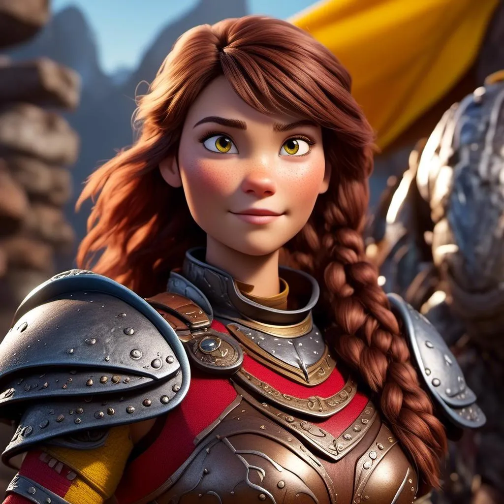 Prompt: <mymodel>CGI Animation of a viking female, brown hair, hazel eyes, bright red gear and armor, yellow highlights and textures, intricate details, high quality, digital painting, cool tones, dramatic lighting