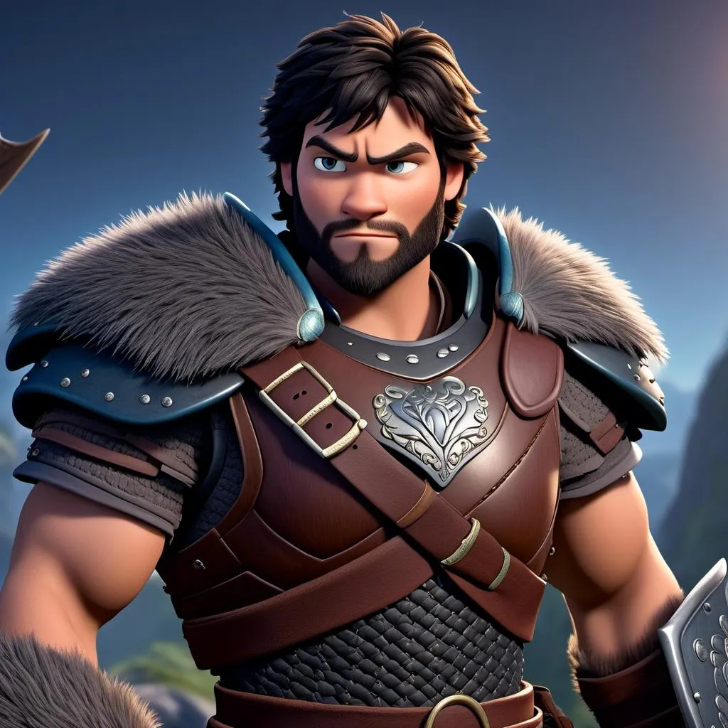 Prompt: <mymodel>Animated CGI style of a fierce ((Caucasian Viking male)) with black hair, intense gaze, realistic clothing textures, high quality, CGI, realistic, intense gaze, viking, male, Caucasian, detailed facial features, highres, professional, intense lighting