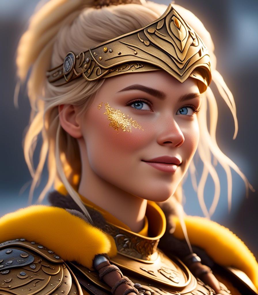 Prompt: <mymodel>CGI Animation, digital art, 20-year-old-old viking woman with light blue eyes, yellow clothes, gold colored armor, blonde straight hair, a mask on her eyes, subtle smile, unreal engine 8k octane, 3d lighting, close up camera shot on the face, full armor