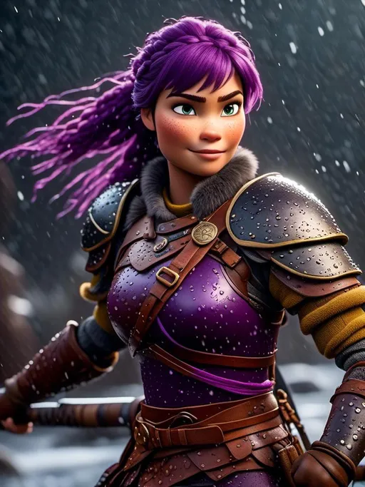 Prompt: Photo of <mymodel> standing in a heavy rain, viking warrior, in an intense sword battle with Einar Verodfellar, she has light blue eyes, purple hair, single braid down her shoulder, purple gear, gold armor, purple pants, gold boots, full body shot, 16K unreal engine octane