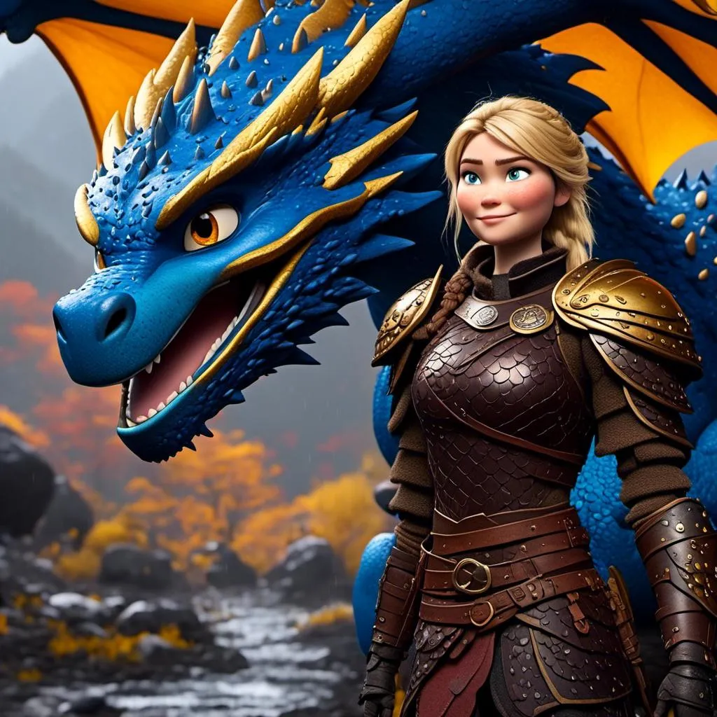 Prompt: <mymodel>CGi Animation, 20-year-old viking woman with blue eyes, a rainy scene, she is standing next to a bright blue dragon with gold highlights, they are both in the rain, the viking woman has a subtle smile, blonde hair in a ponytail style, she has blue gear, gold armor, black pants, black boots, unreal engine 8k octane, 3d lighting, full body, full armor