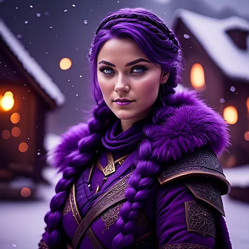 Prompt: Photo of <mymodel> with a heavy purple fur coat wearing a hood with a purple fur edge, she is in a viking village standing as snow falls, ((she has a single braid down her shoulder))