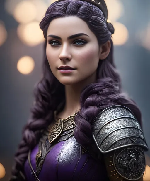 Prompt: create most beautiful fictional female viking princess, (((dark purple hair))), commanding her citizens, extremely detailed environment, detailed background, intricate, detailed skin, professionally color graded, photorealism, 8k, moody lighting