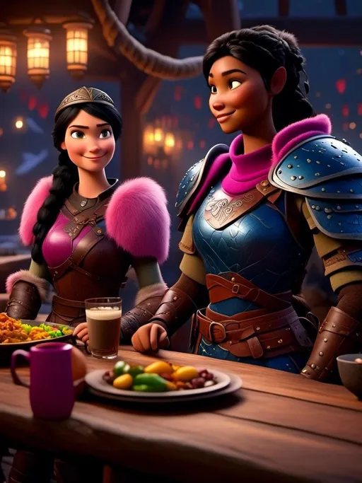 Prompt: <mymodel>CGI Animation, digital art, 20-year-old-old viking woman of royalty standing a busy tavern having a meal with a woman friend, {{pink gear, blue armor}}, black hair, straight hair with a tiara, subtle smile, unreal engine 8k octane, 3d lighting, close up camera shot on the face, full armor