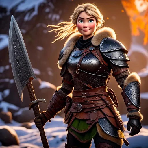 Prompt: digital art if <mymodel>, 27-year-old modest Young woman viking, blonde hair, black pants, Quite well-built and lean muscled, has two iron pans as weapons, assassin's creed Valhalla armor, orange armor, orange gear, Green-gold eyes, very short curly blonde hair, full body, full armor, unreal engine 8k octane, 3d lighting