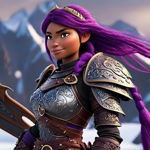 Prompt: <mymodel>Animated CGI style of a fierce ((Caucasian white)) Viking female about 25 years old, ((purple hair with a single braid)), detailed facial features, leather armor, battle axe and shield, intense and determined expression, dynamic and powerful pose, high definition, CGI, detailed armor, fierce female, Nordic designs, battle-ready, dynamic pose, professional lighting