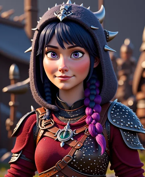 Prompt: <mymodel>CGI Animation, digital art, 20-year-old-old viking woman with violet eyes, Dark red Long sleeve shirt, skirt with dragon teeth on it, wears the snow wraith hood, ((dark dark blue hair with teal, pink and purple streaks)), standing in a viking village, subtle smile, unreal engine 8k octane, 3d lighting, close up camera shot on the face, full armor