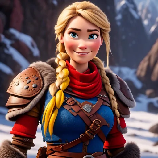 Prompt: <mymodel>CGi Animation, 20-year-old viking woman with one hair braid, subtle smile, blonde hair, blue eyes, blue gear, yellow armor, red clothes, yellow textures and highlights, unreal engine 8k octane, 3d lighting, full body, full armor