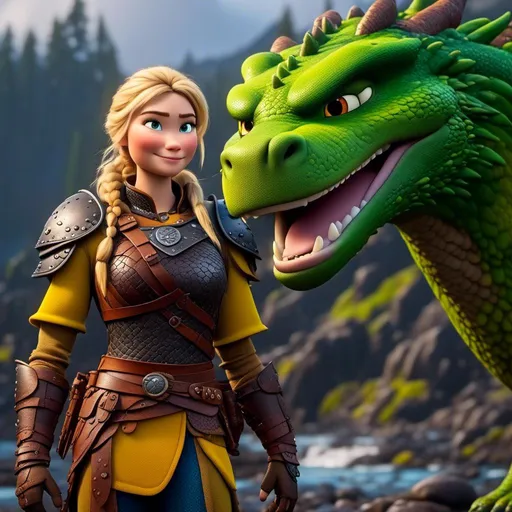 Prompt: <mymodel>CGi Animation, 20-year-old viking woman with one hair braid, rainy scene, subtle smile, blonde hair, blue eyes, green gear, green armor, yellow clothes, she is standing next to a blue dragon, yellow textures and highlights, unreal engine 8k octane, 3d lighting, full body, full armor