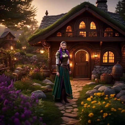 Prompt: Photo of <mymodel> tending garden, viking house, lush greenery, warm and inviting, realistic painting, cozy atmosphere, detailed features, vibrant colors, high quality, realistic, lush garden, viking architecture, peaceful setting, warm lighting, detailed clothing, serene and natural, realistic colors, cozy ambiance, professional, atmospheric lighting