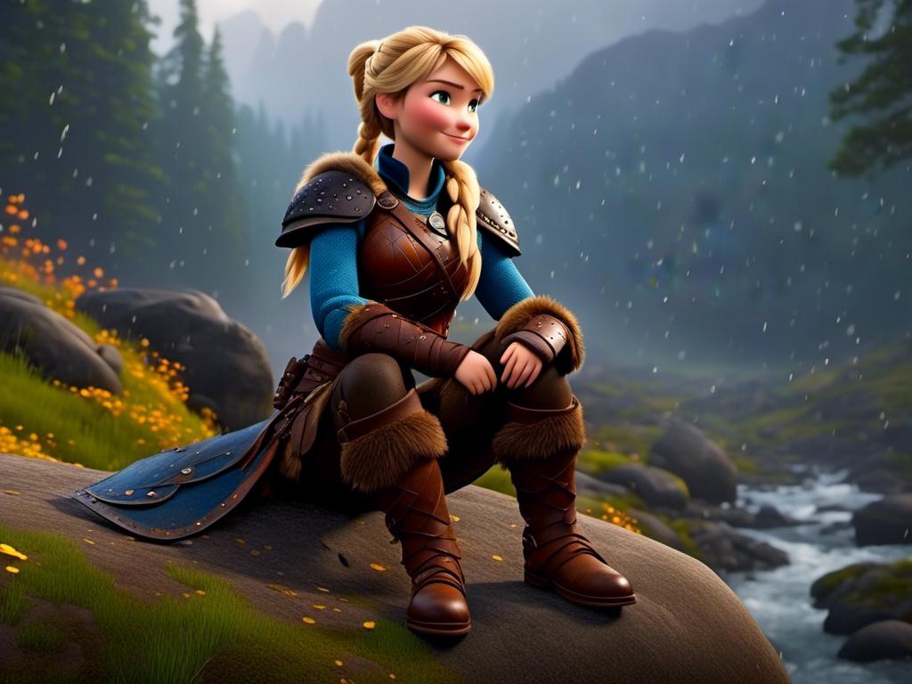 Prompt: <mymodel>CGi Animation, 20-year-old viking woman with blue eyes, a rainy scene, she is sitting on a boulder in a forest with it raining, the viking woman has a subtle smile, blonde hair in a ponytail style, she has blue gear, gold armor, black pants, black boots